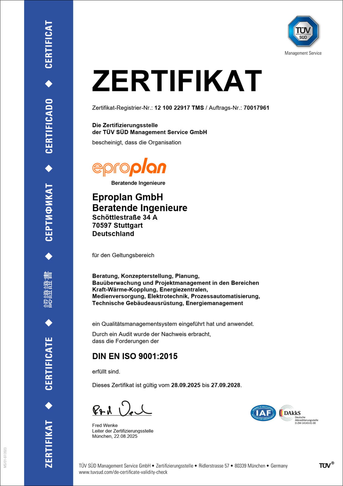 Das Zertifikat dokumentiert die ISO 9001:2015-Zertifizierung der Eproplan GmbH durch TÜV SÜD für Qualitätsmanagement.