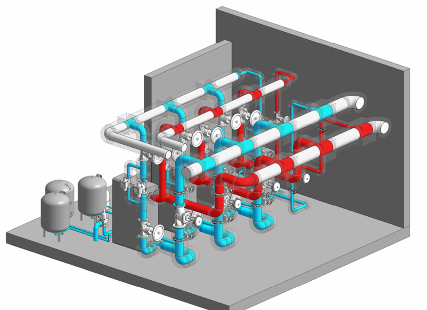 Technische Zeichnung einer komplexen Rohrleitungsinstallation mit roten und blauen Rohren in einem industriellen Umfeld.