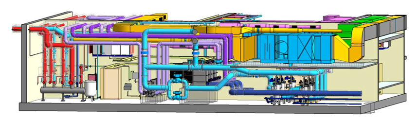 Ein komplexes Rohrleitungssystem in einem technischen Gebäude ist in einer detaillierten Zeichnung dargestellt.
