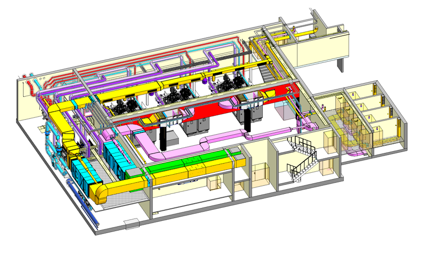 Eine detaillierte CAD-Zeichnung zeigt ein komplexes Rohrleitungssystem in einem großen Gebäudebereich.