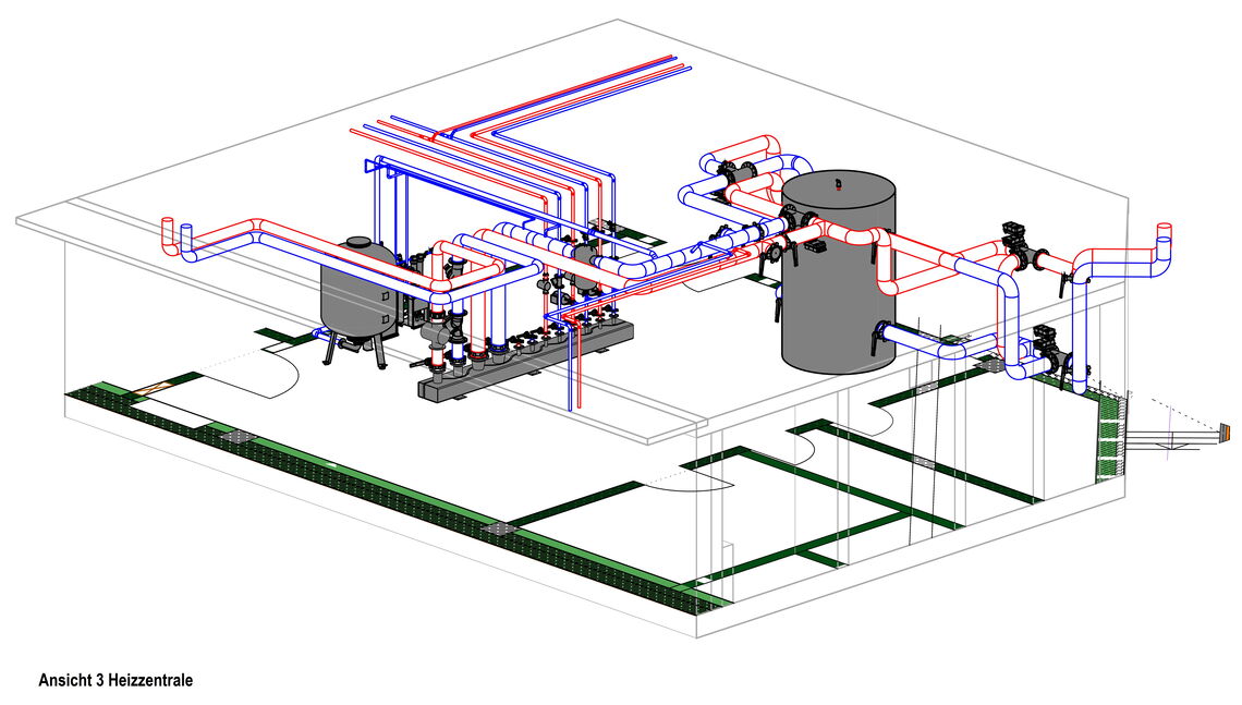 3D-Darstellung einer Heizungsanlage mit farbigen Rohren und einem großen Tank in einem Gebäudemodell.