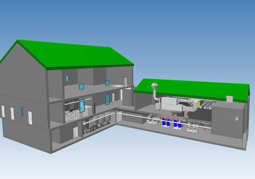 3D-Modell eines Bestandsgebäudes mit technischer Ausstattung und grünen Dächern, präsentiert in einem Schnitt.